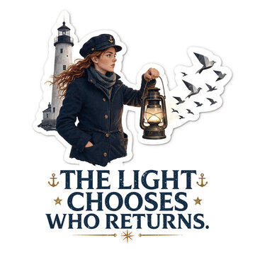 Lighthouse keeper woman holding lantern with flying birds