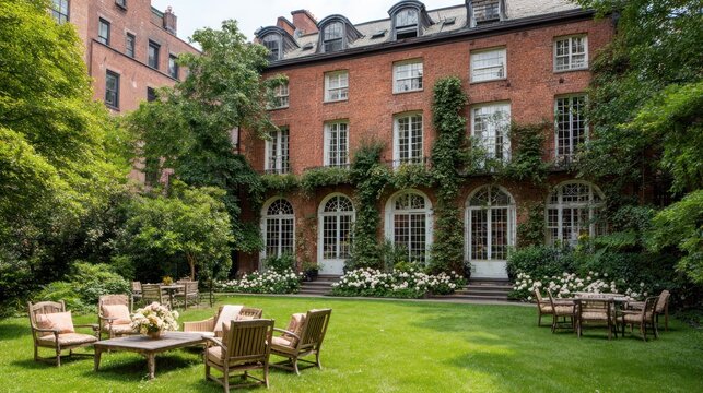 Elegant Parisian Mansion with Lush Garden and Outdoor Seating.