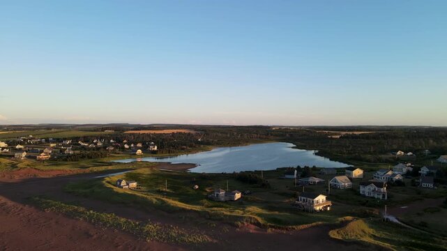 Aerial view of coastal settlement and lagoon near Thunder Cove Beach, PEI, Canada