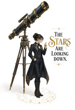 Woman in victorian style outfit standing by antique telescope