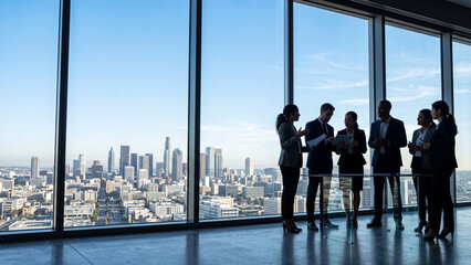 Fototapeta premium Diverse business professionals collaborating in a modern office with a panoramic city skyline view.