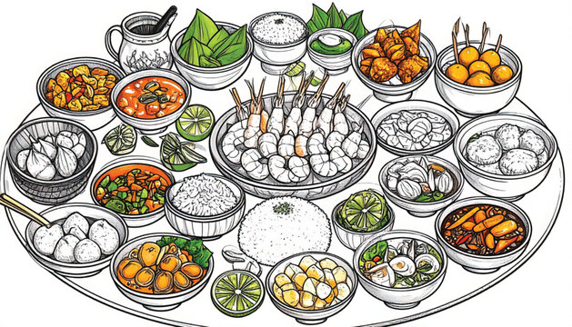 Stylized illustration of a platter with various food items, including meatballs, vegetables, and sauces.