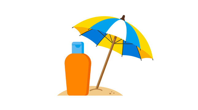 Beach umbrella and sunscreen bottle on sand with white background vector illustration