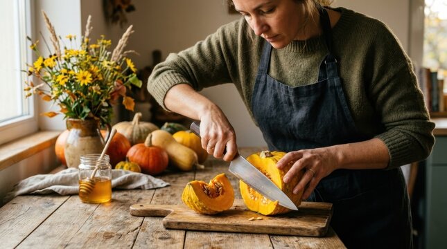 Woman Preparing Autumn Pumpkin Soup
