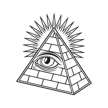 All seeing eye pyramid, illuminati symbol, masonic freemasonry eye of providence vector.