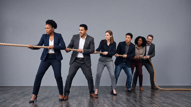 Determined business people collaborating in a tug-of-war, showcasing teamwork and collective effort.