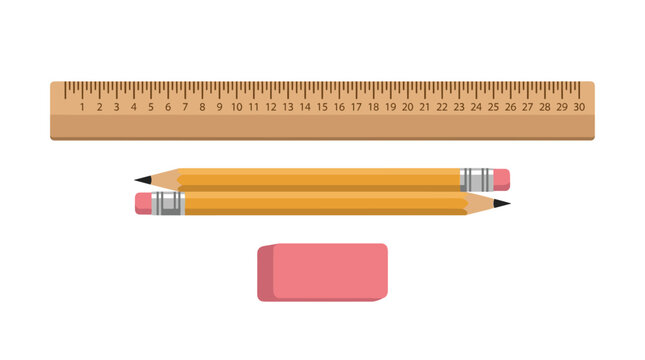 Wooden ruler with two yellow pencils and a pink eraser on a white background