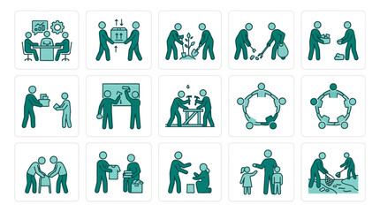Teamwork and collaboration icons representing business and social interactions.