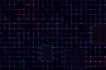 Fototapeta premium Abstract Digital Network Background with Glowing Blue and Purple Circuit Lines and Data Connection Nodes for Tech Ideas