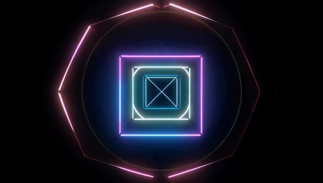 High contrast 4K neon motion graphic depicting an endless loop of glowing geometric outlines like triangles squares and circles pulsing against a dark void offering a stylish futuristic background