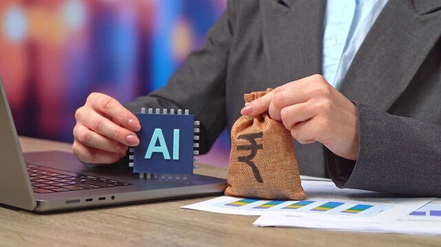 An AI chip and a indian rupee money bag. Investments in AI technology. Automation and fintech. Cloud computing scaling business profitability. Increased revenue after integrating AI agents