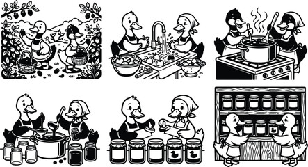 Fototapeta premium Ducks harvest berries and cook jars in a bustling kitchen scene vector illustration