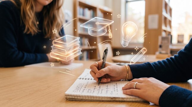 Students writing notes in notebook with holographic education icons like books and graduation cap in library study session