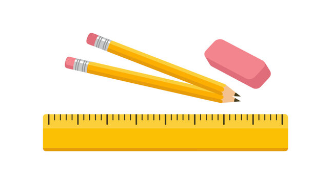 Yellow pencils pink eraser and ruler on white background school supplies illustration