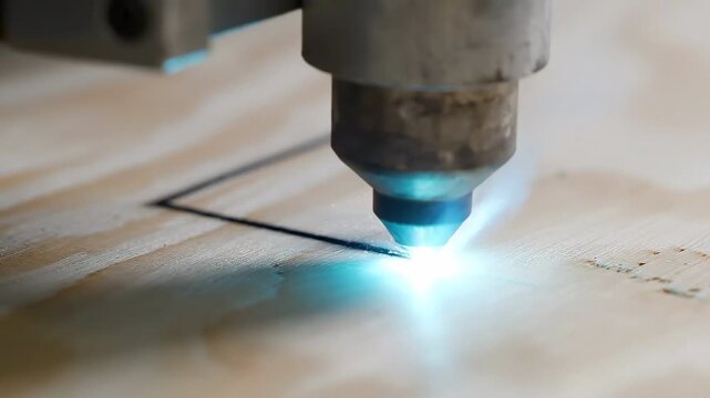 Laser cutting machine engraving wood, concept of precision manufacturing