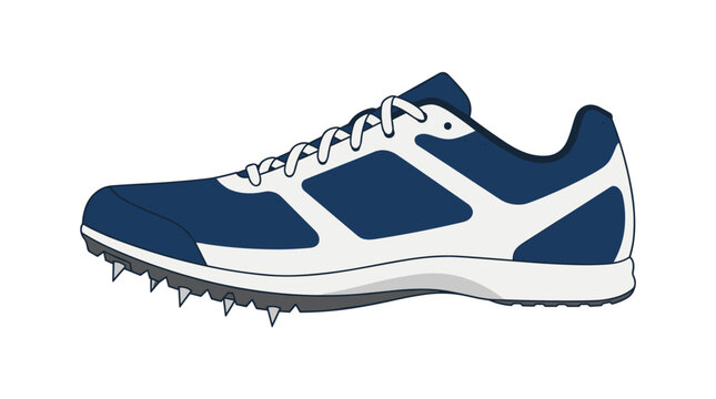 Blue and white athletic running shoe with spikes for track and field competitions