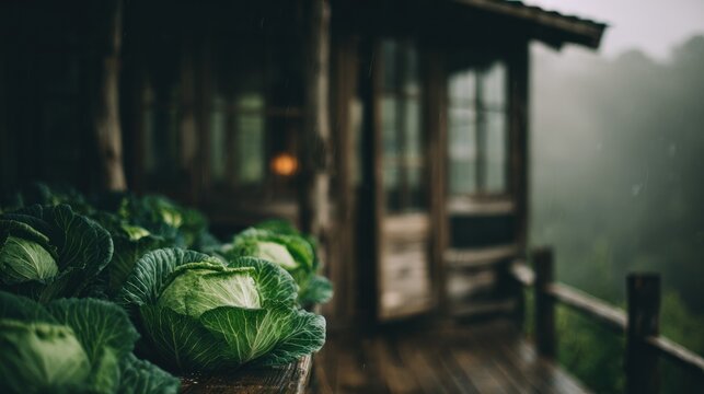 Freshly Harvested Cabbages on a Rustic Porch with a Blurry Cabin Background.