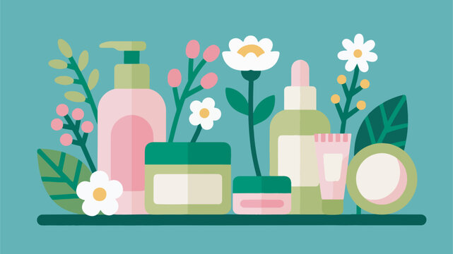 Ilustrasi set kosmetik alami dengan bunga dan daun herbal, konsep clean beauty.eps