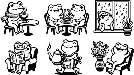 Fototapeta premium Frogs enjoying cafe scenes in vector line art illustration collection of joyful frogs