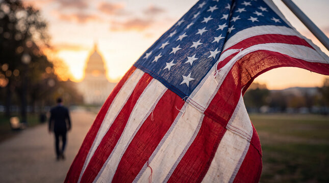 Capitol Hill, U.S. Capitol, Washington DC, political leader, businessman, American flags, sunrise, golden hour, democracy, politics, government, leadership, patriotism, congress, federal building