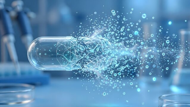 Futuristic medical capsule dissolving into energetic particles, symbolizing advanced drug delivery, pharmaceutical innovation, and groundbreaking scientific research