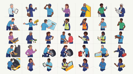 Fototapeta premium Diverse group of people engaged in various activities related to technology and communication in a modern workspace environment
