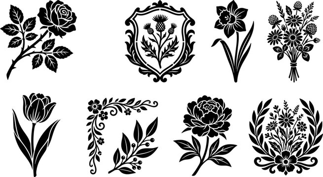 Vintage Floral Silhouette Collection Featuring Rose Tulip Peony Thistle Shield Crest Borders and Bouquet Vector Graphic Design Elements