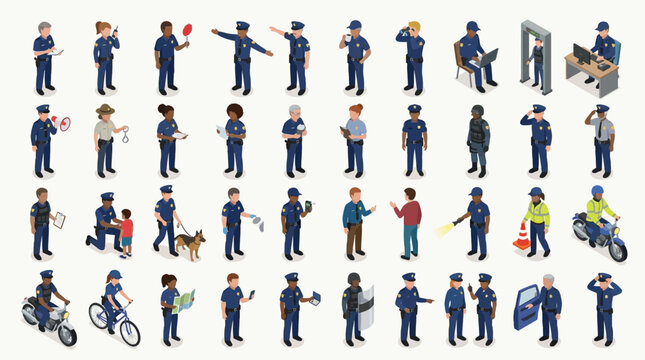 Diverse law enforcement officers engaging in various activities showcasing their roles in security and public service