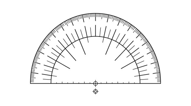 A precise semicircular protractor with clear markings for measuring angles and degrees on a white background