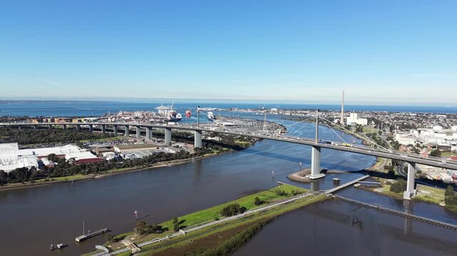 Aerial view of West Gate Bridge and Port of Melbourne traffic