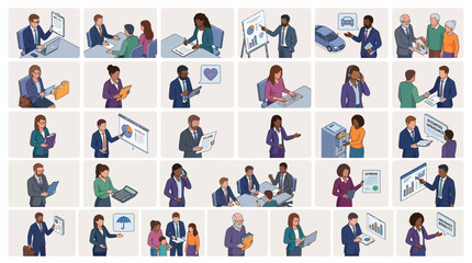 Fototapeta premium collaborative team members engaged in various professional activities across office and outdoor environments emphasizing