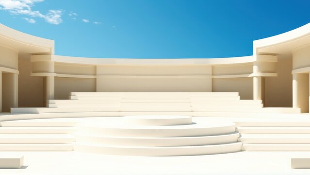 Bright outdoor amphitheater. Circular stage, tiered seating, minimalist design. Blue sky visible above structure. Clean lines, modern architecture.