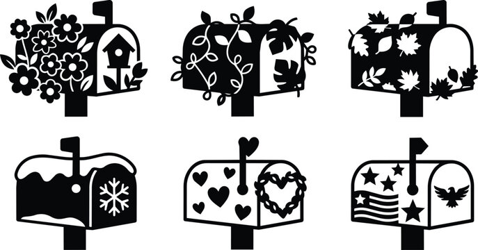 Six mailbox silhouettes with floral details in vector art