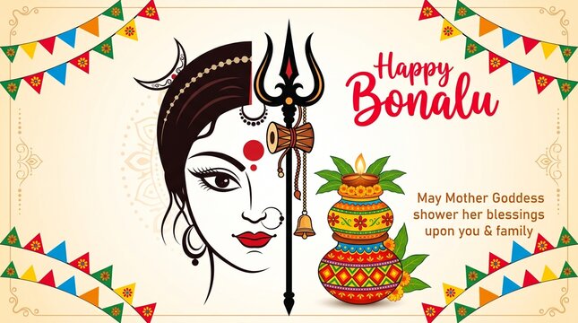 Happy Bonalu festival greeting banner with Goddess Mahakali face trident and traditional bonam pot