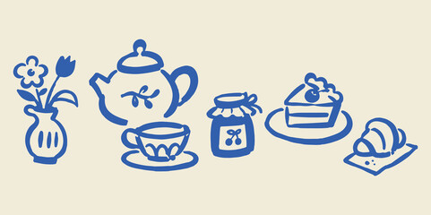 Obraz premium Tea Party Dessert Doodle Set Vector Illustration