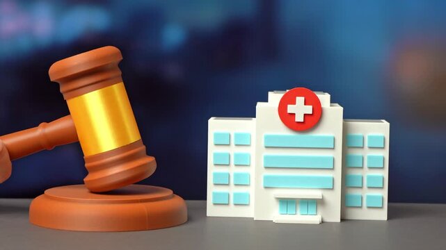 Hospital and court decision. Damage compensation, insurance claims and disputes involving healthcare liability and legal responsibility. Court case.