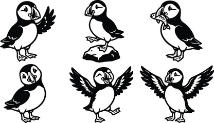 Naklejka premium Six black and white puffins in playful poses for vector design collection