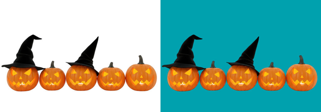 Halloween carved pumpkins with witch hats