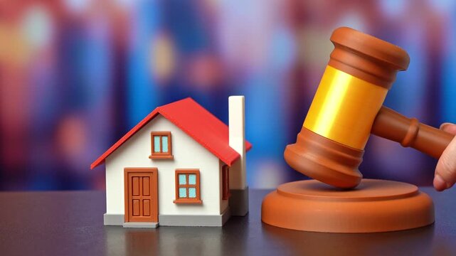 A man holds a house and a judge's gavel. A home auction. Legal decisions impact ownership. Property disputes resolve through judicial process. A real estate court order.
