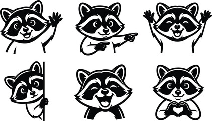 Six cute raccoon characters waving and posing in black and white © Royal Ability