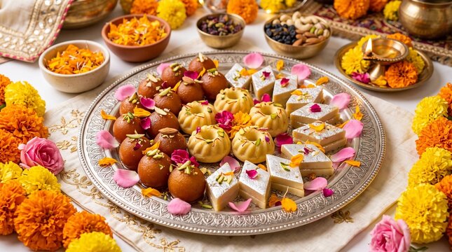 High-Resolution Close-Up of Traditional Ganesh Chaturthi Sweets: Modaks, Laddoos, and Fruits on Silver Plate with Floral Decorations