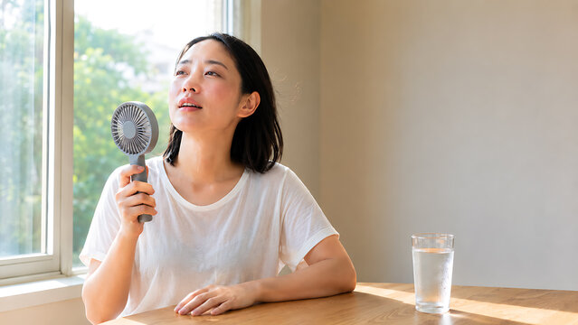夏の暑さの中、自宅でハンディファンと冷たい水を使って涼む女性