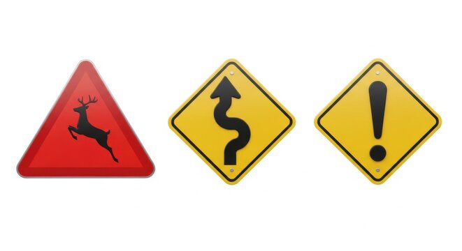 Warning Signs For Road Safety Awareness Danger Ahead And Wildlife Crossing