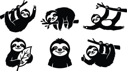 Six black and white sloth silhouettes for vector design on branch and leaf © Royal Ability