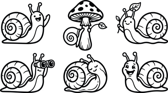 Six black and white vector snail illustrations in playful cartoon style collection