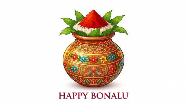 Happy Bonalu festival greeting card with traditional decorative bonam pot filled with rice and vermilion