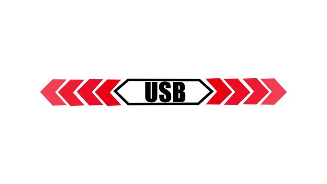 Text USB icon with two beside arrow and dark background 4k motion video animation.
