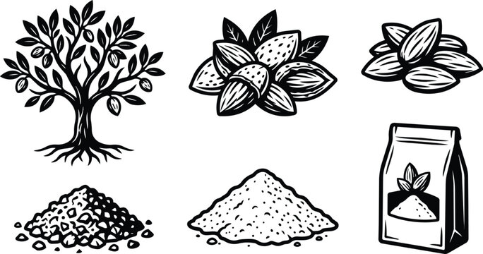 Line art almond tree with almonds, powder, crushed almonds, and almond bag vector