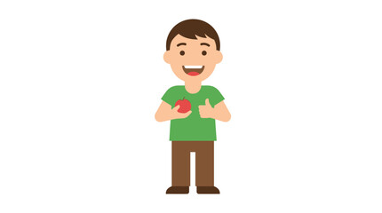 A happy young boy standing and holding a red apple in his hands.