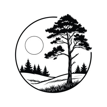 Forest landscape with pine tree and sun circular frame minimalist nature scenery adventure.